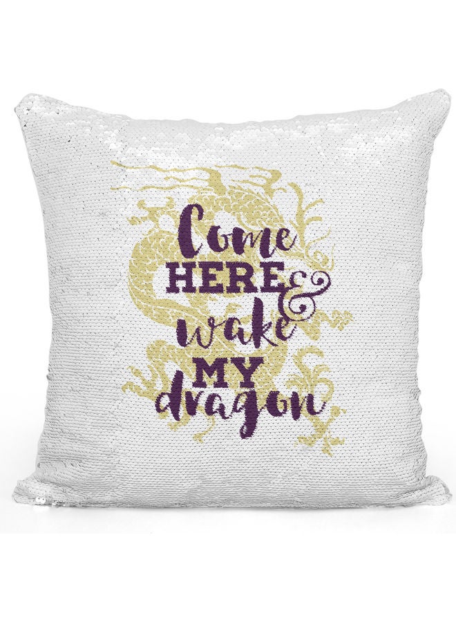 وسادة زينة للديكور مزينة بالترتر مطبوع عليها عبارة "Wake My Dragon" أبيض/أرجواني/فضي 40x40سم - Image 1