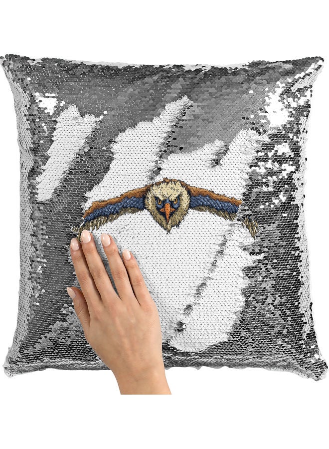 وسادة زينة للديكور مزينة بالترتر بتصميم نسر أبيض/فضي/أزرق 40x40سم - Image 2