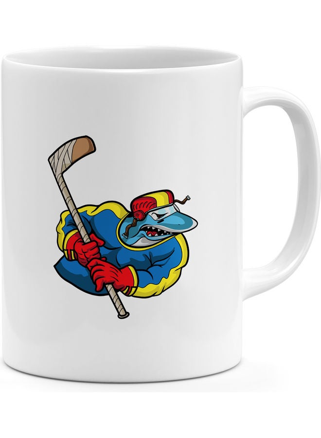 Angry Shark Printed Coffee Mug White/Blue/Yellow - Image 1
