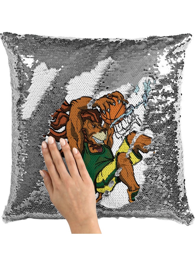 Tiger Basketball Themed Sequin Decorative Throw Pillow White/Green/Silver - Image 2