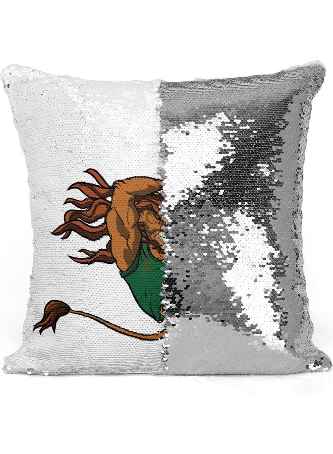 Tiger Basketball Themed Sequin Decorative Throw Pillow White/Green/Silver - Image 3