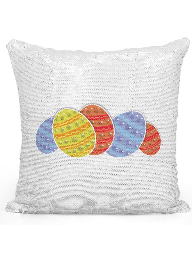 Colored Eggs Themed Sequin Decorative Throw Pillow White/Silver/Red 40x40cm - Image 1