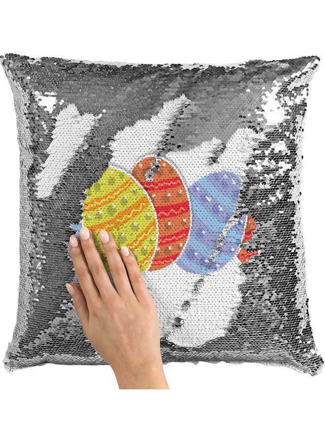 Colored Eggs Themed Sequin Decorative Throw Pillow White/Silver/Red 40x40cm - Image 2