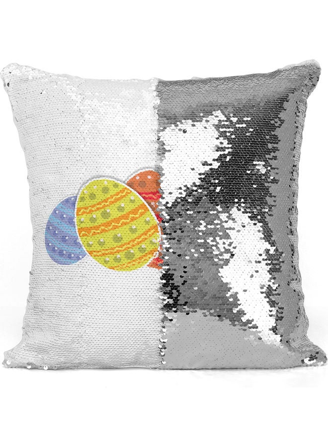 Colored Eggs Themed Sequin Decorative Throw Pillow White/Silver/Red 40x40cm - Image 3