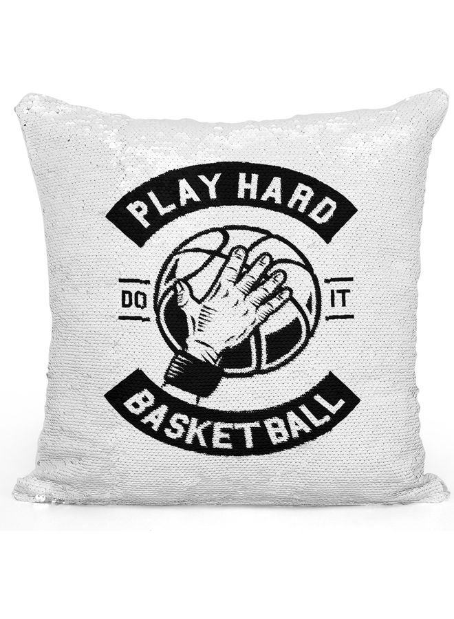 Play Hard Themed Sequin Decorative Throw Pillow White/Black/Silver 40x40cm - Image 1