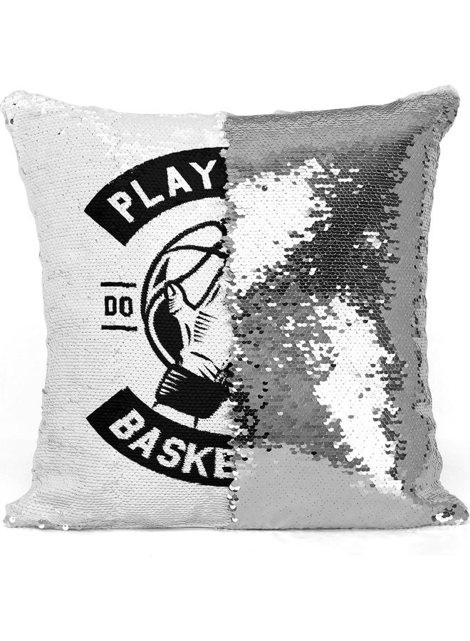 Play Hard Themed Sequin Decorative Throw Pillow White/Black/Silver 40x40cm - Image 3