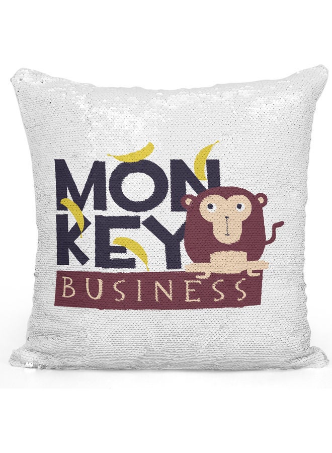 وسادة زينة مزينة بالترتر بطبعة عبارة "Momkey Business" أبيض/ فضي/ بني 40x40سم - Image 1
