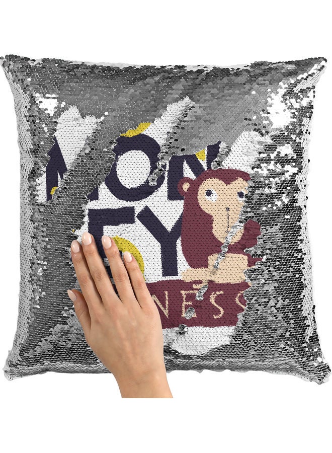 وسادة زينة مزينة بالترتر بطبعة عبارة "Momkey Business" أبيض/ فضي/ بني 40x40سم - Image 2