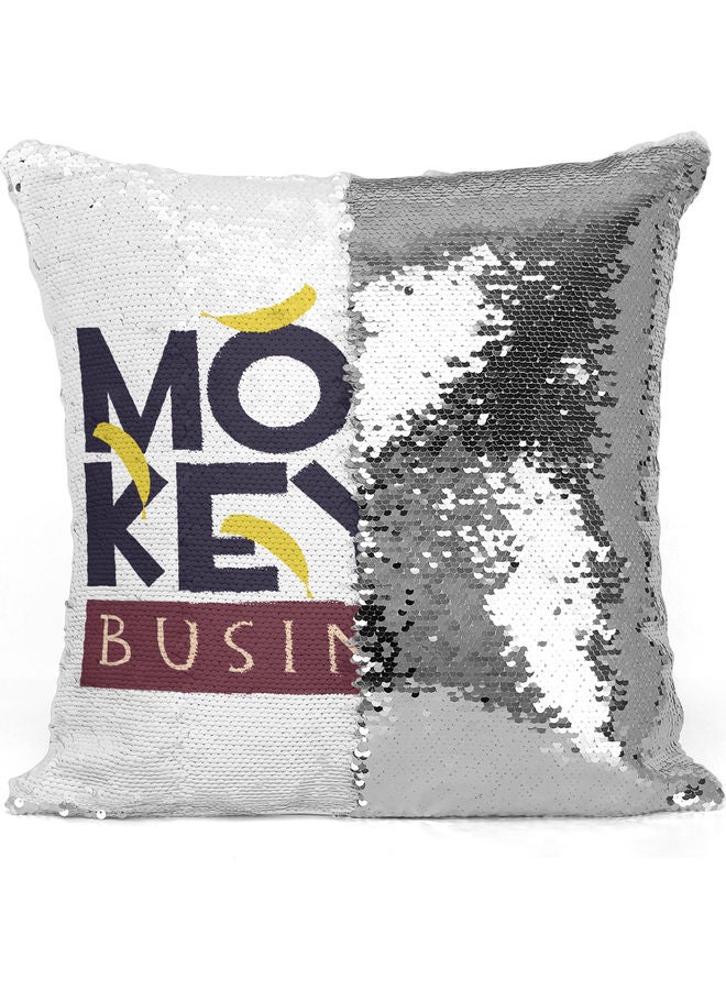 وسادة زينة مزينة بالترتر بطبعة عبارة "Momkey Business" أبيض/ فضي/ بني 40x40سم - Image 3