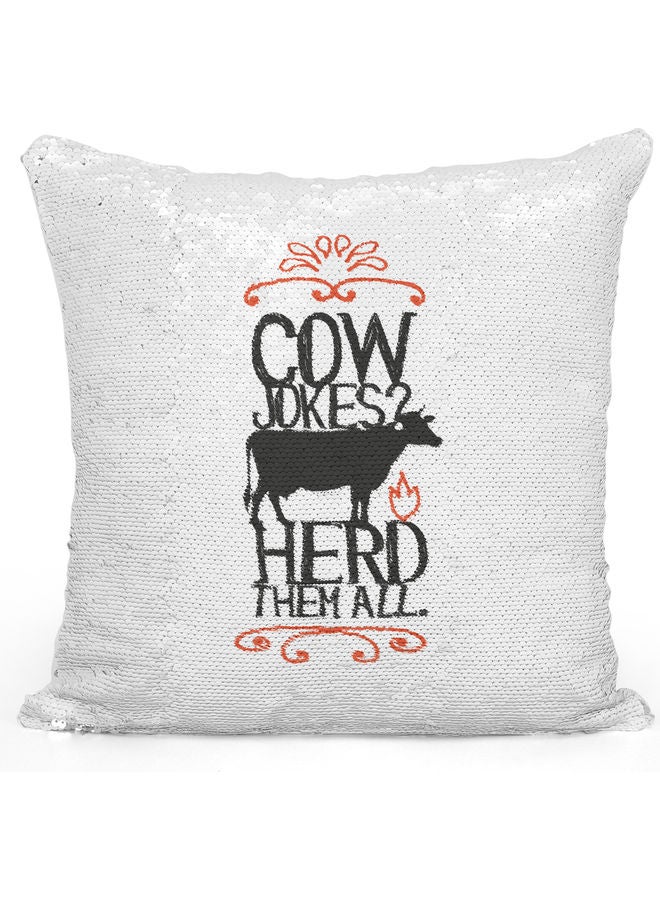 Cow Jokes Themed Sequin Decorative Throw Pillow White/Silver/Black 40x40cm - Image 1