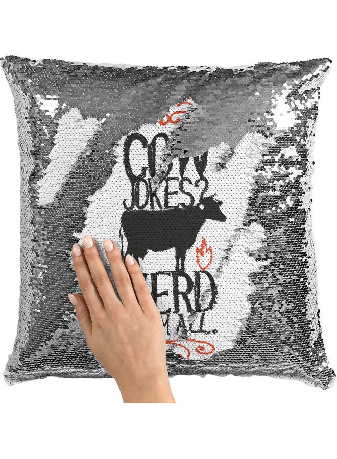 Cow Jokes Themed Sequin Decorative Throw Pillow White/Silver/Black 40x40cm - Image 2