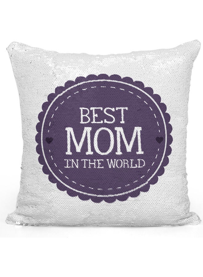 وسادة زينة للديكور مزينة بالترتر مطبوع عليها عبارة "Best Mom" أبيض/أرجواني/فضي 40x40سم - Image 1