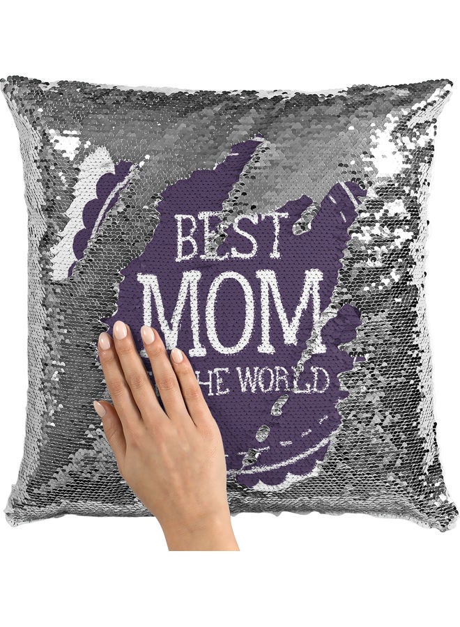 وسادة زينة للديكور مزينة بالترتر مطبوع عليها عبارة "Best Mom" أبيض/أرجواني/فضي 40x40سم - Image 2