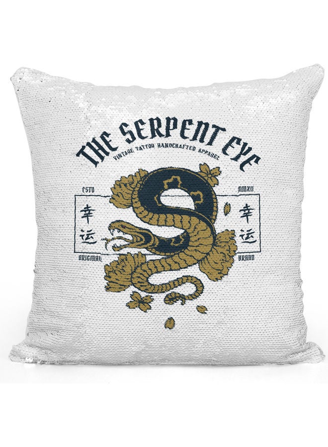 Serpent Eye Themed Sequin Decorative Throw Pillow White/Silver/Brown 40x40cm - Image 1