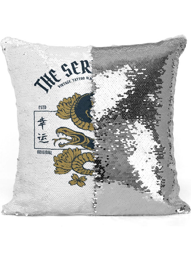 Serpent Eye Themed Sequin Decorative Throw Pillow White/Silver/Brown 40x40cm - Image 3