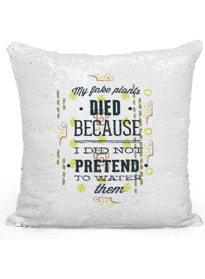 Funny Plants Themed Sequin Decorative Throw Pillow White/Green/Silver 40x40cm - Image 1