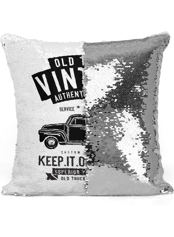 Vintage Truck Sequin Decorative Throw Pillow White/Silver/Black 40x40cm - Image 3