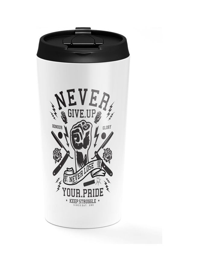كوب من الستانلس ستيل بطبعة عبارة "Never Give Up" أبيض/ أسود - Image 1