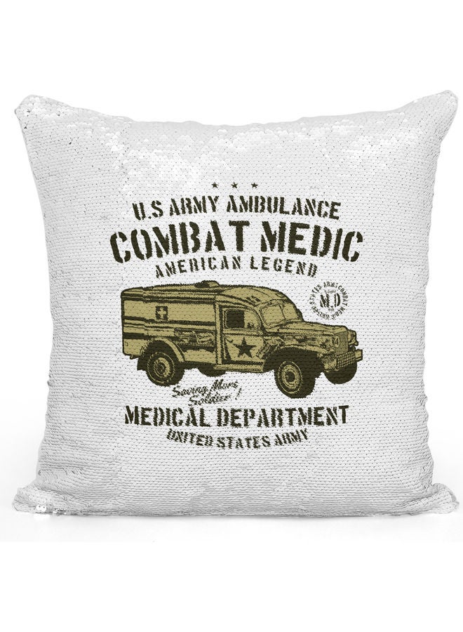 U.s Army Themed Sequin Decorative Throw Pillow White/Green/Silver - Image 1