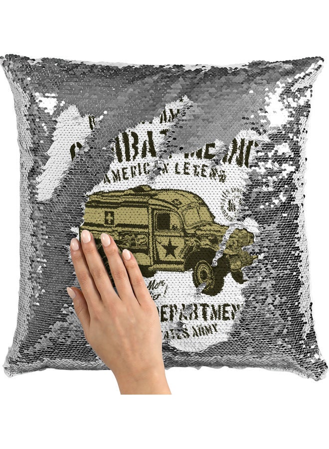 U.s Army Themed Sequin Decorative Throw Pillow White/Green/Silver - Image 2