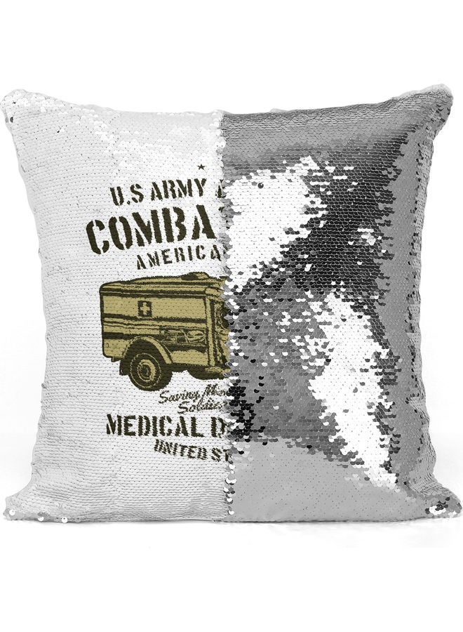 U.s Army Themed Sequin Decorative Throw Pillow White/Green/Silver - Image 3