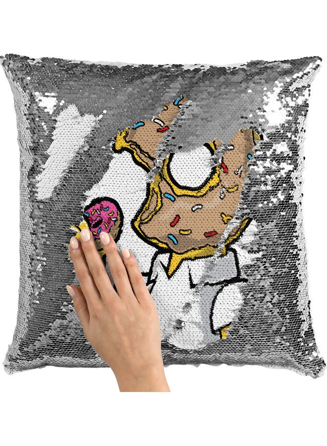 وسادة زينة مزينة بالترتر القلاب بتصميم شخصية دونات سيمبسون أبيض/ فضي/ أصفر 40x40سم - Image 2