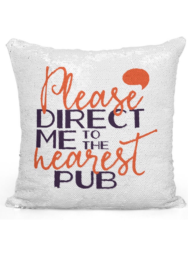 Please Direct Me Printed Sequin Decorative Throw Pillow White/Orange/Silver 40x40cm - Image 1