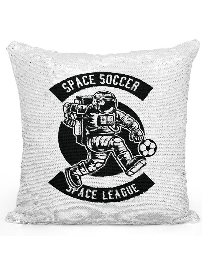 Space Soccer Printed Sequin Decorative Throw Pillow White/Black/Silver 40x40cm - Image 1