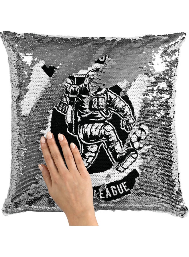 Space Soccer Printed Sequin Decorative Throw Pillow White/Black/Silver 40x40cm - Image 2