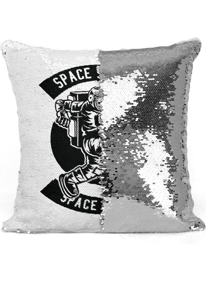 Space Soccer Printed Sequin Decorative Throw Pillow White/Black/Silver 40x40cm - Image 3