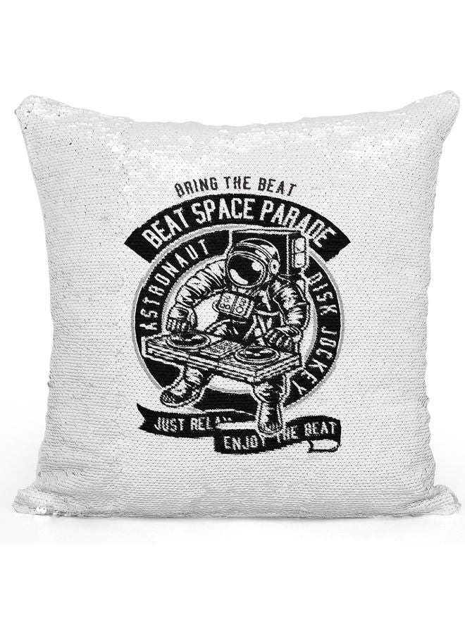 Space Beat Printed Sequin Decorative Throw Pillow White/Black/Silver 40x40cm - Image 1