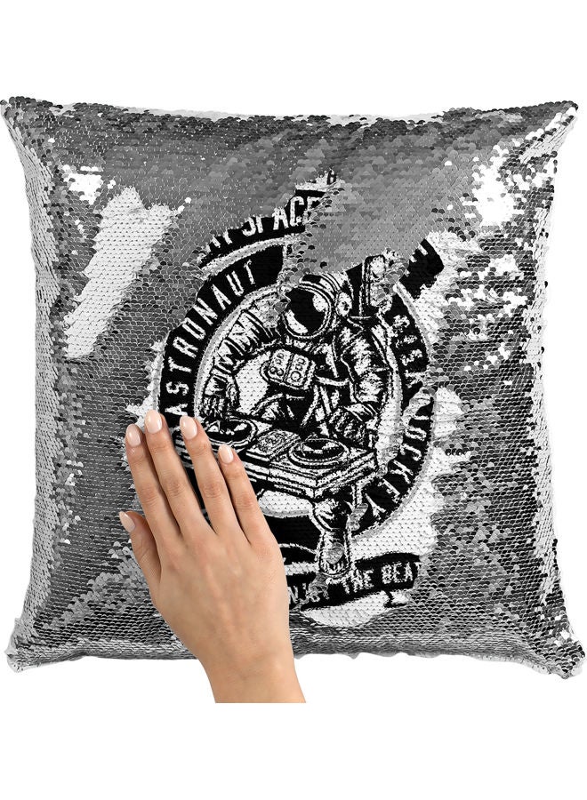 Space Beat Printed Sequin Decorative Throw Pillow White/Black/Silver 40x40cm - Image 2