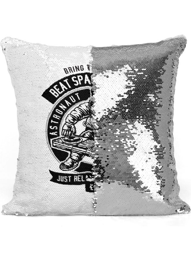 Space Beat Printed Sequin Decorative Throw Pillow White/Black/Silver 40x40cm - Image 3