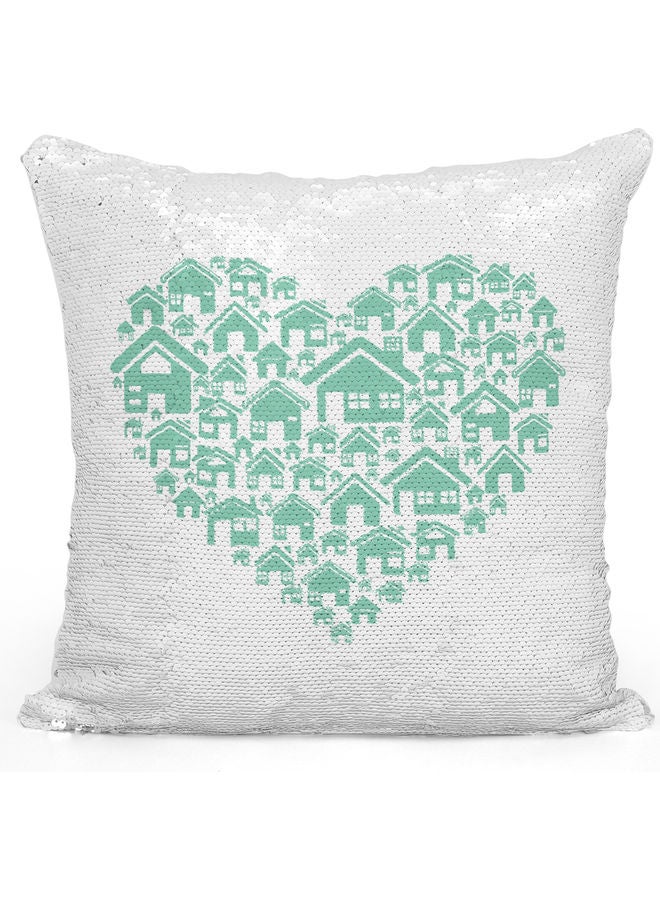 Houses Sequin Decorative Throw Pillow White/Green/Silver 40x40cm - Image 1