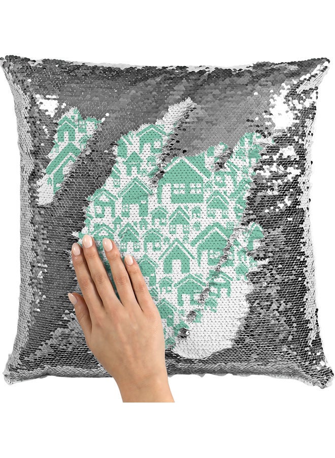 Houses Sequin Decorative Throw Pillow White/Green/Silver 40x40cm - Image 2