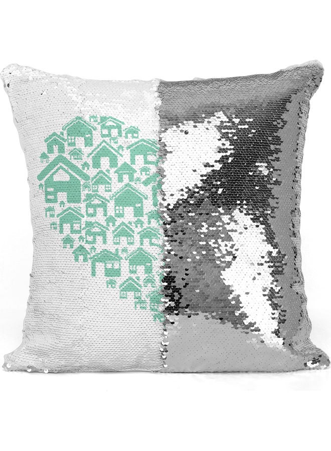 Houses Sequin Decorative Throw Pillow White/Green/Silver 40x40cm - Image 3