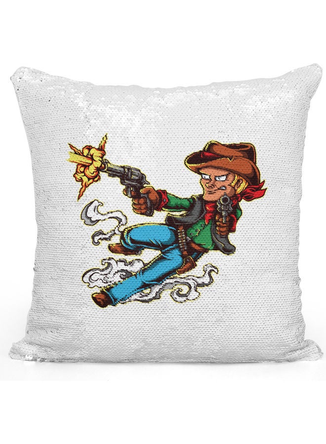 Cow Boy Themed Sequin Decorative Throw Pillow White/Blue/Silver 40x40cm - Image 1