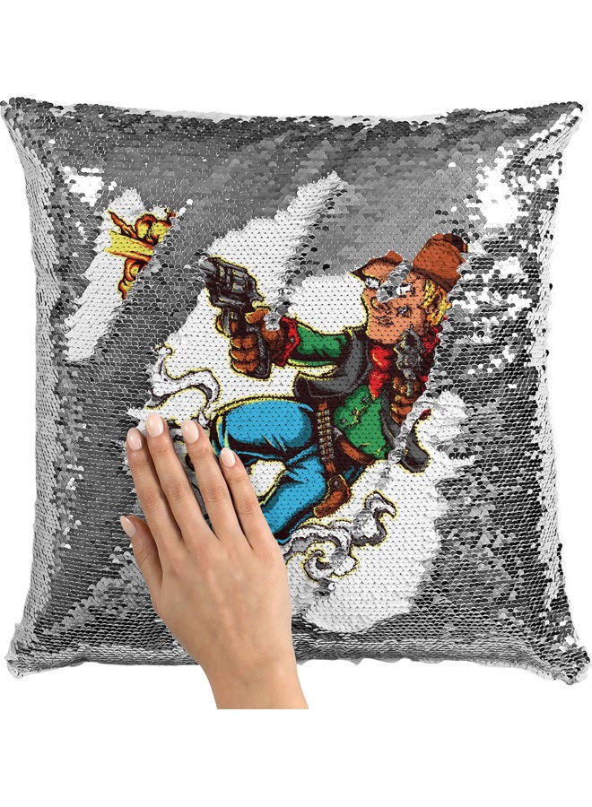 Cow Boy Themed Sequin Decorative Throw Pillow White/Blue/Silver 40x40cm - Image 2