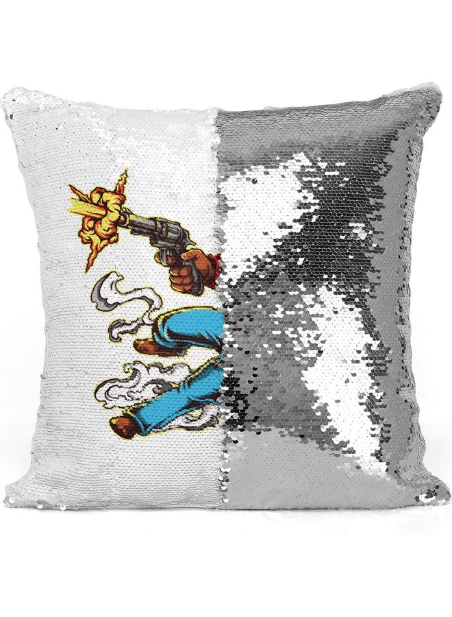Cow Boy Themed Sequin Decorative Throw Pillow White/Blue/Silver 40x40cm - Image 3