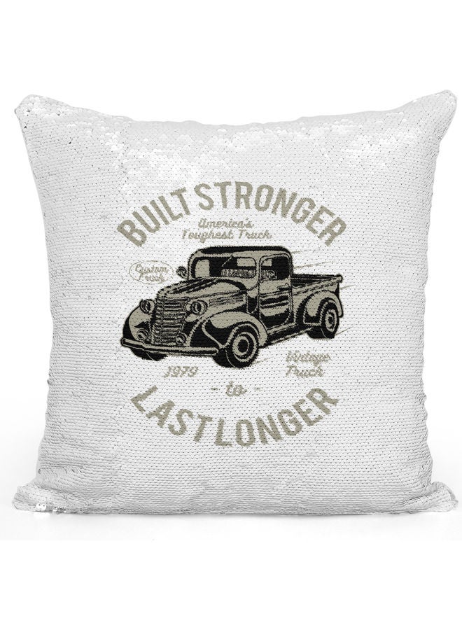 America's Toughest Truck Themed Sequin Decorative Throw Pillow White/Grey/Silver - Image 1