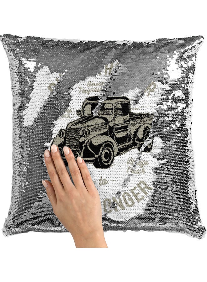 America's Toughest Truck Themed Sequin Decorative Throw Pillow White/Grey/Silver - Image 2