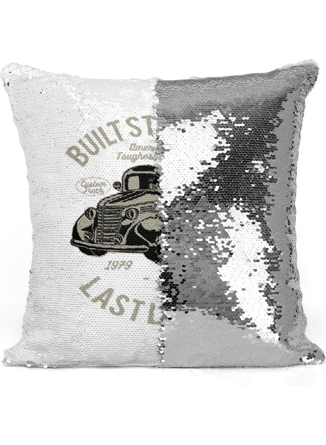America's Toughest Truck Themed Sequin Decorative Throw Pillow White/Grey/Silver - Image 3