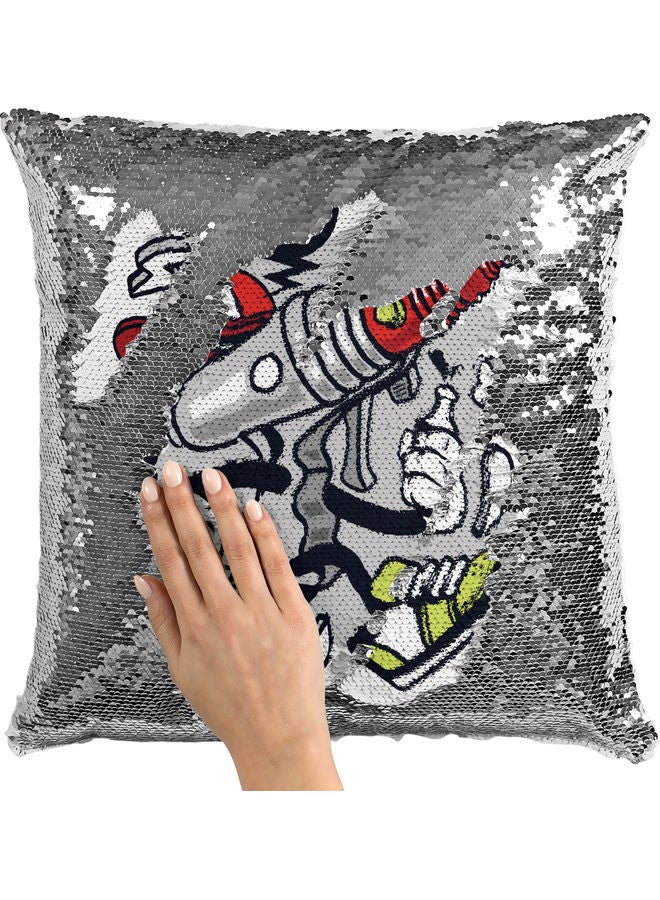 وسادة زينة للديكور مزينة بالترتر بتصميم مسدس ليزر أبيض/أحمر/فضي 40x40سم - Image 2