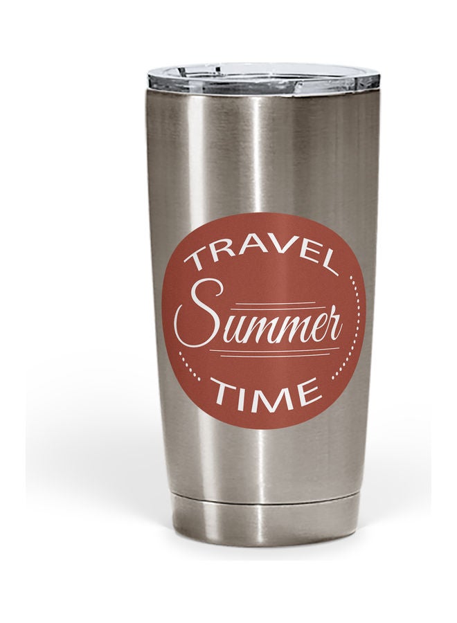 كوب مطبوع بعبارة "Travel Time" مزود بغطاء . فضي-أحمر - Image 1