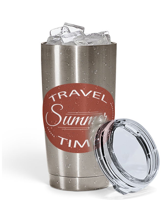 كوب مطبوع بعبارة "Travel Time" مزود بغطاء . فضي-أحمر - Image 2