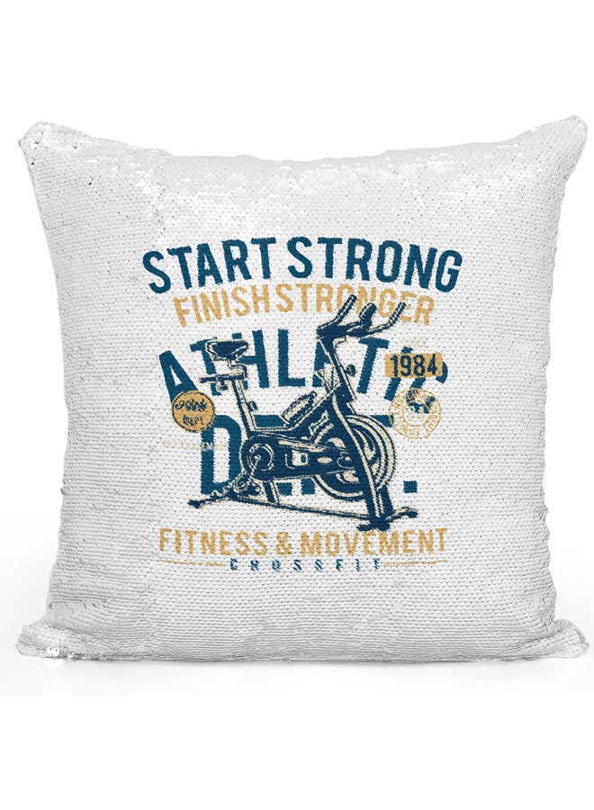 Finish Strong Quote Themed Sequin Decorative Throw Pillow White/Blue/Silver 40x40cm - Image 1
