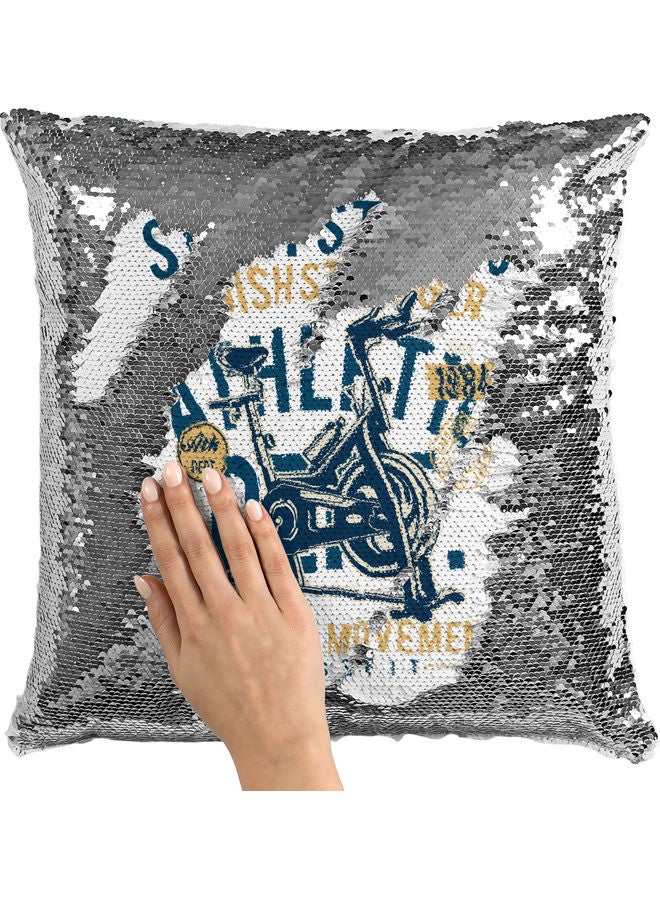 Finish Strong Quote Themed Sequin Decorative Throw Pillow White/Blue/Silver 40x40cm - Image 2