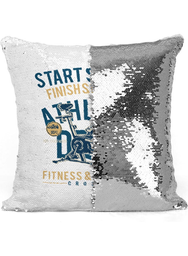 Finish Strong Quote Themed Sequin Decorative Throw Pillow White/Blue/Silver 40x40cm - Image 3
