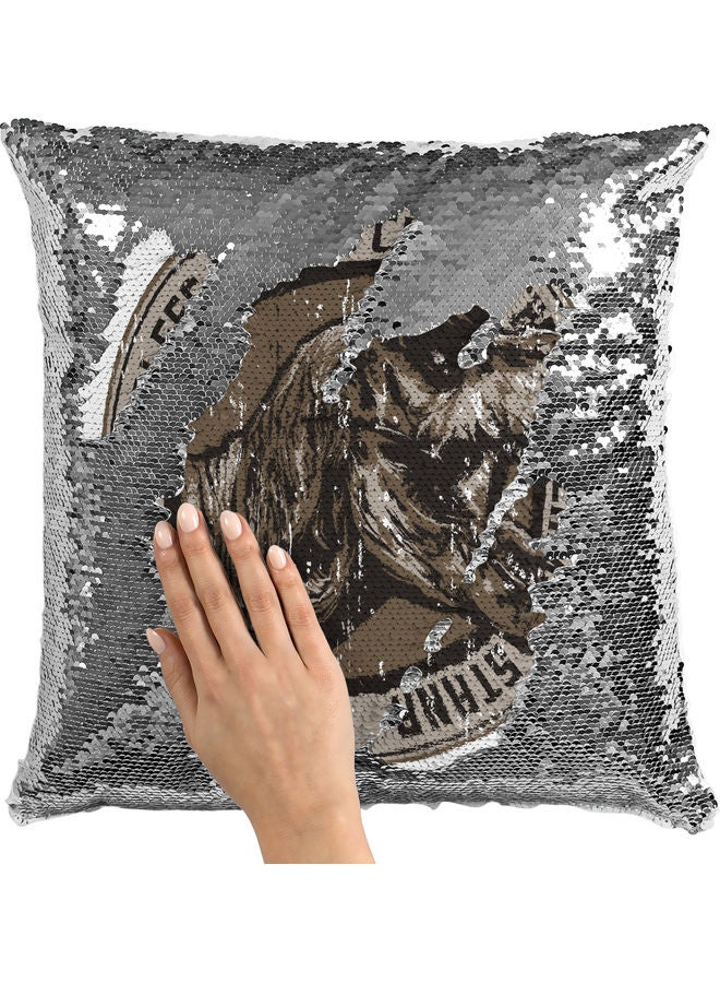 وسادة زينة مزخرفة بالترتر بتصميم واقعي لشخصية تي ريكس أبيض/ بني 40x40سم - Image 2