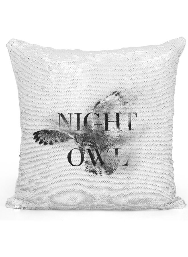 Night Owl Themed Sequin  Decorative Throw Pillow White/Silver/Black 40x40cm - Image 1
